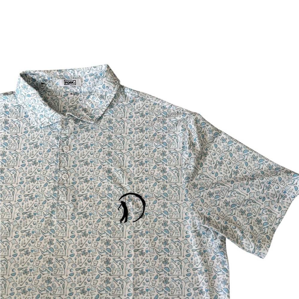 Fork Custom Gourmet & Golf Printed Polo -White /Light Blue Punta Mita XL